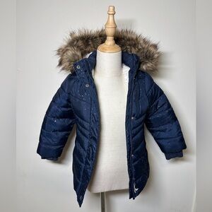 Kids Navy Blue Puffer Jacket with Faux Fur Hood